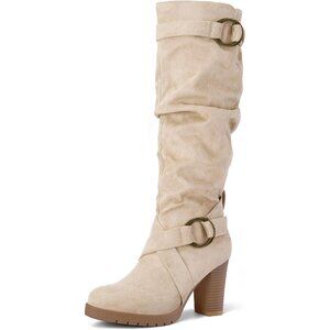 Women Beige Knee High Fashion Chunky Block Heel Side Zipper Warm Winter Boot
